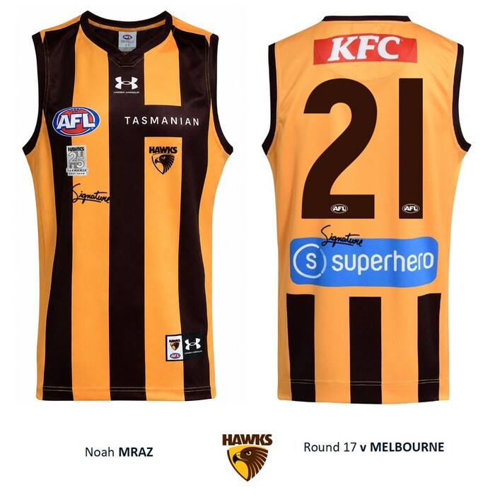 Photo of Noah Mraz #21 Hawthorn 2026 '25 Years in Tasmania' Match-Worn Guernsey