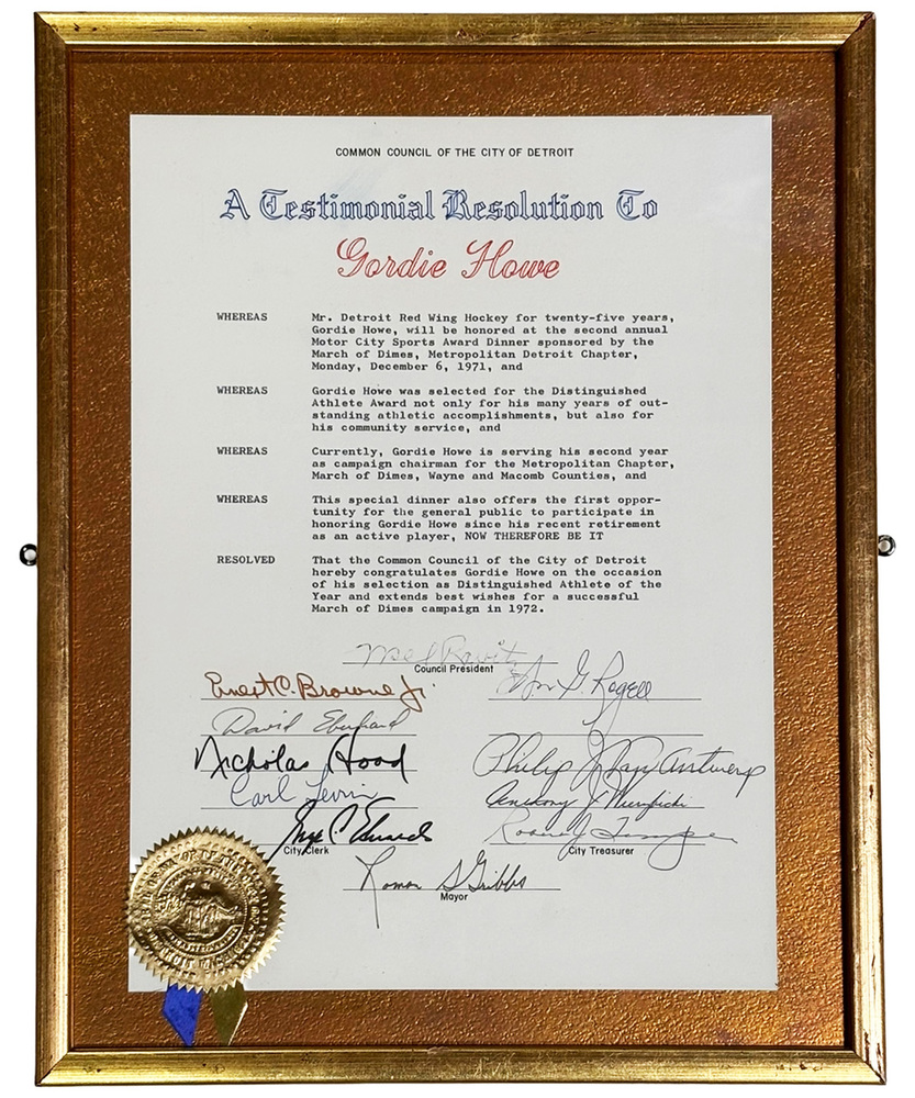 Gordie Howe's Framed City of Detroit Resolution
