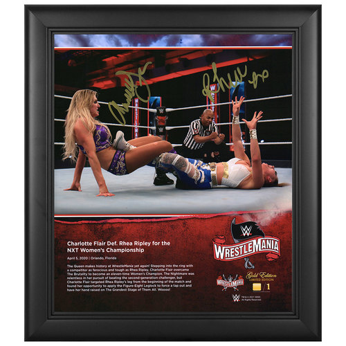 Charlotte Flair and Rhea Ripley SIGNED WrestleMania 36 WrestleMania Gold Edition Plaque (#1 of 1)