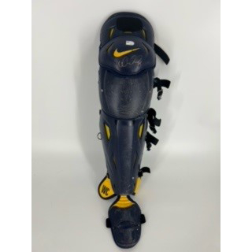 Game Used and Autographed William Contreras Leg Guard (Right