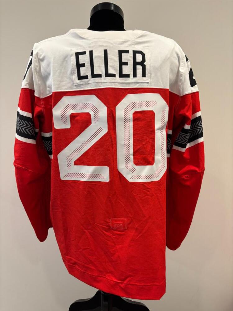 Lars Eller Denmark Game-Used Red Jersey worn v. Latvia on February 15, 2026, as a part of the 2026 Milano Cortina Winter Games.