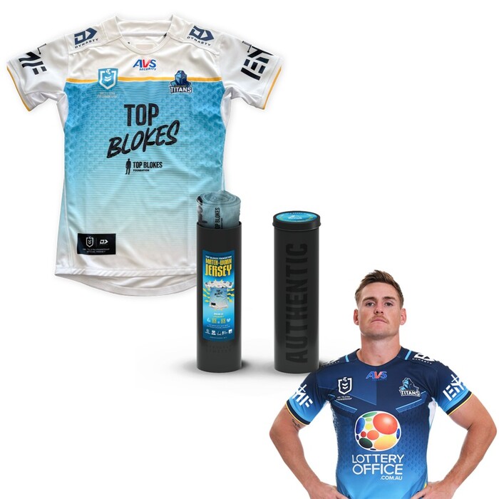 Photo of AJ Brimson 2025 Gold Coast Titans Top Blokes Foundation Jersey