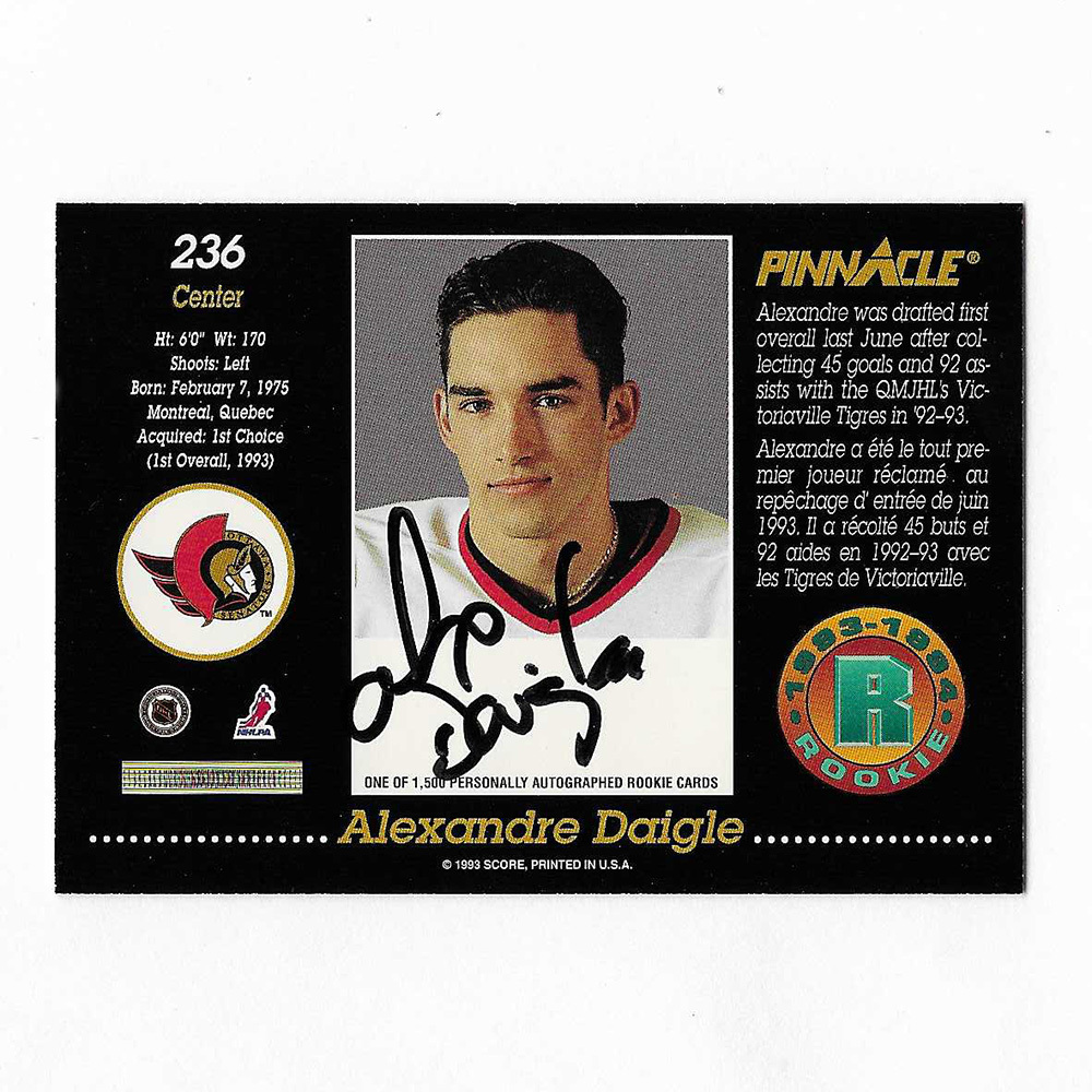 Alexandre Daigle Autographed 1993-94 Pinnacle Rookie Card