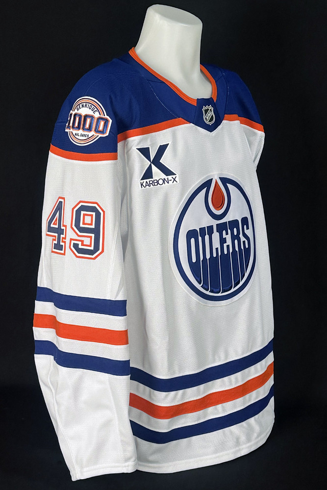 Ty Emberson #49 - 2025-26 Edmonton Oilers Pre-Game Warm-Up Worn Tribute Jersey From Adam Henrique's 1000th NHL Game On October 21, 2025 - Includes Bonus Locker Room Name Plate From Game!