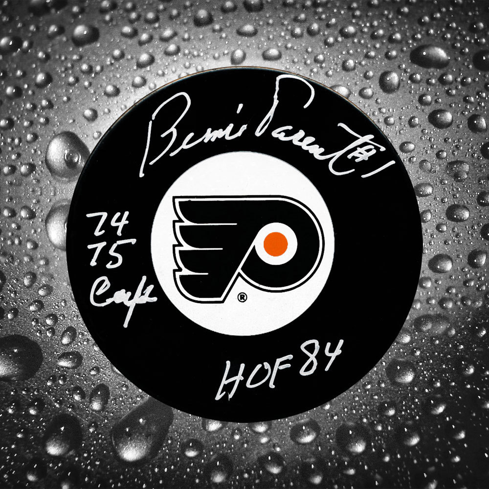 Bernie Parent Philadelphia Flyers HOF 74/75 Cup Autographed Puck