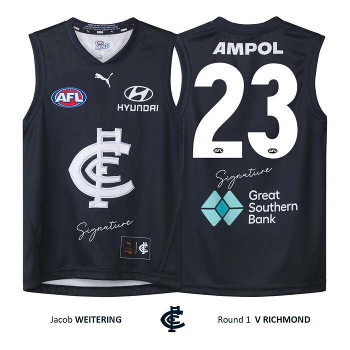 Photo of Jacob Weitering #23 Carlton Round 1 'Raised Monogram' Guernsey