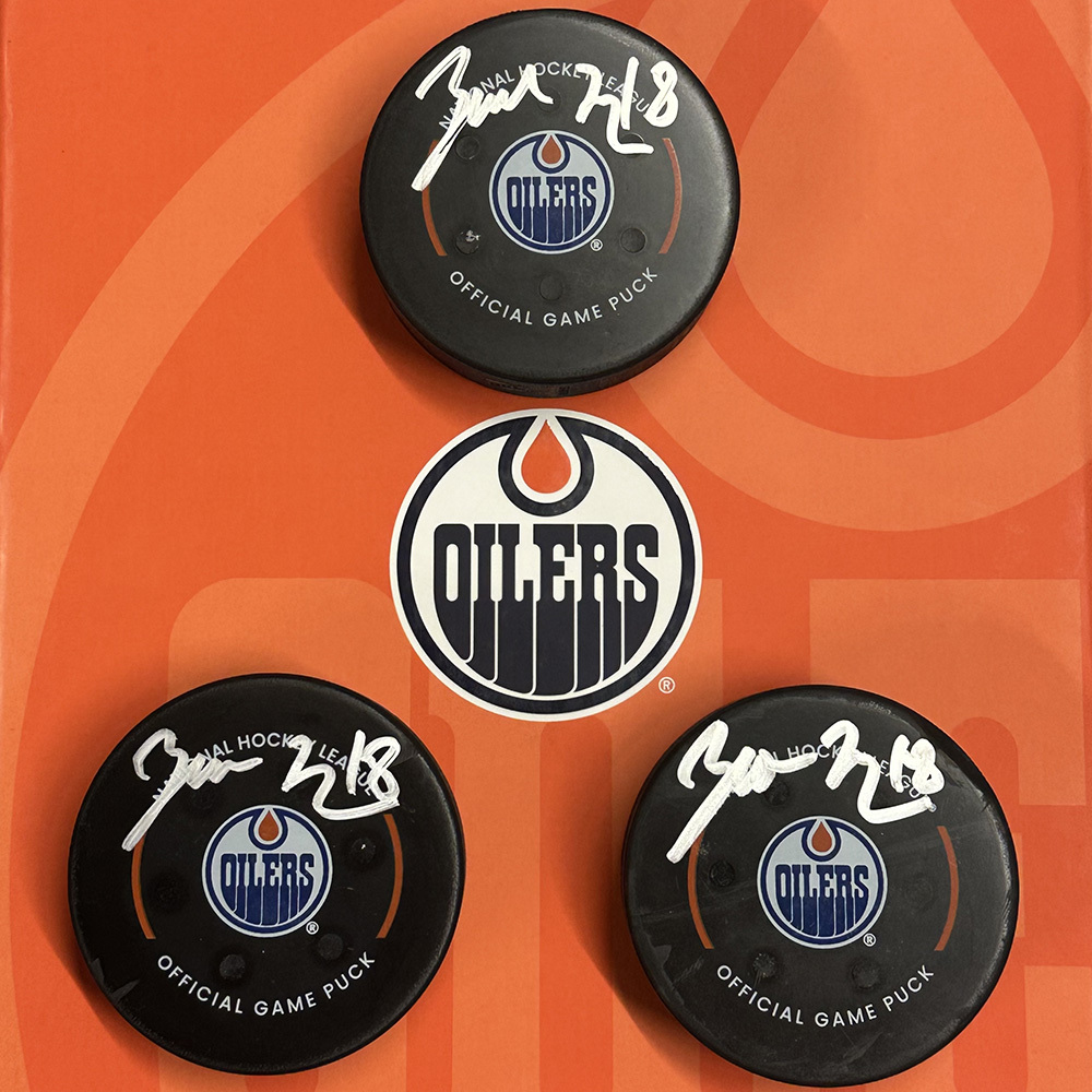 Zach Hyman #18 - Autographed Edmonton Oilers Hat Trick Goal Puck Set Scored On March 13, 2024 vs. Washington Capitals - 5th NHL Hat Trick Of His Career!