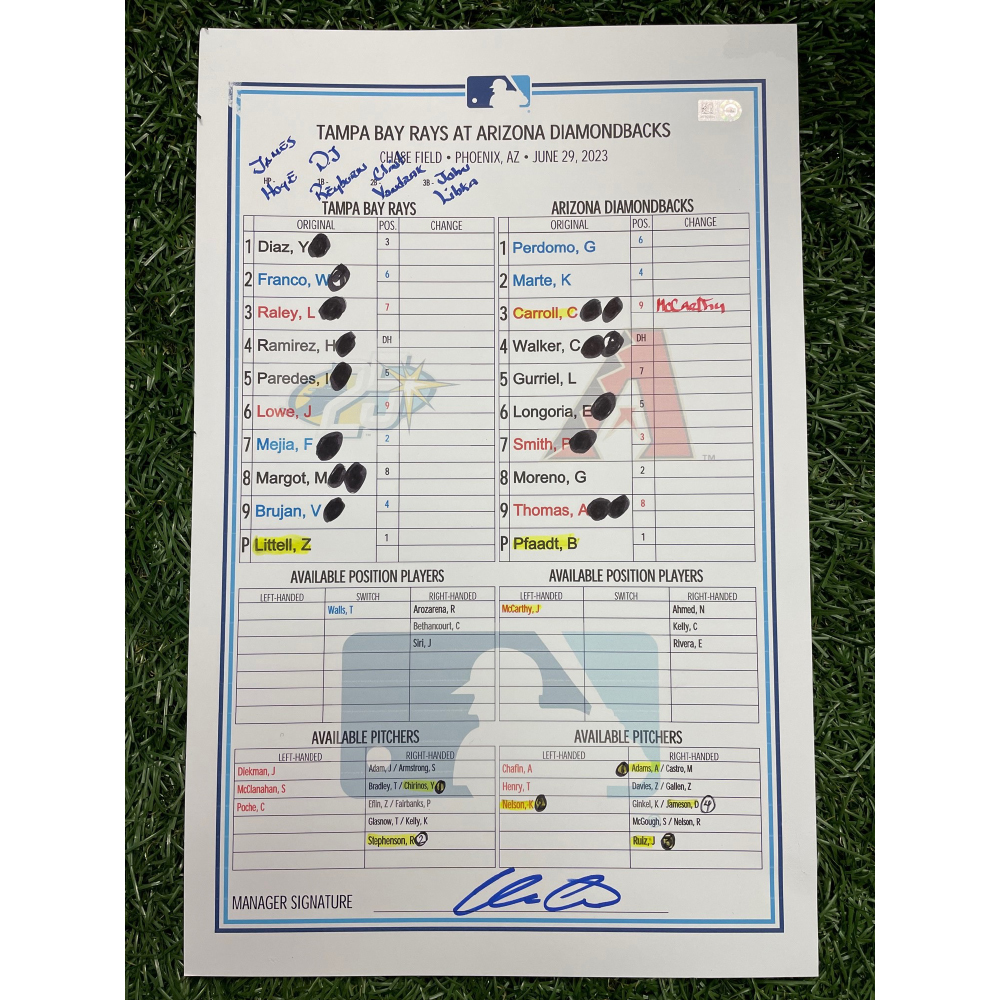 Game Used 25th Anniversary Lineup Card Tampa Bay Rays at Arizona