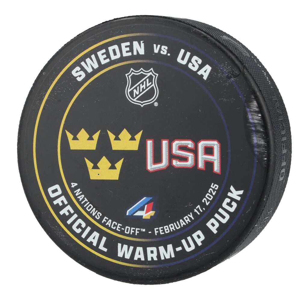 2025 Four Nations Face-Off Practice-Used Warm-Up Puck from the Game Between Team Sweden and Team USA on February 17, 2025