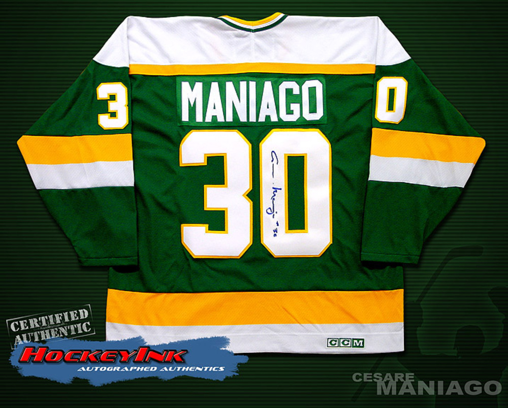 CESARE MANIAGO Signed Green Minnesota North Stars Jersey