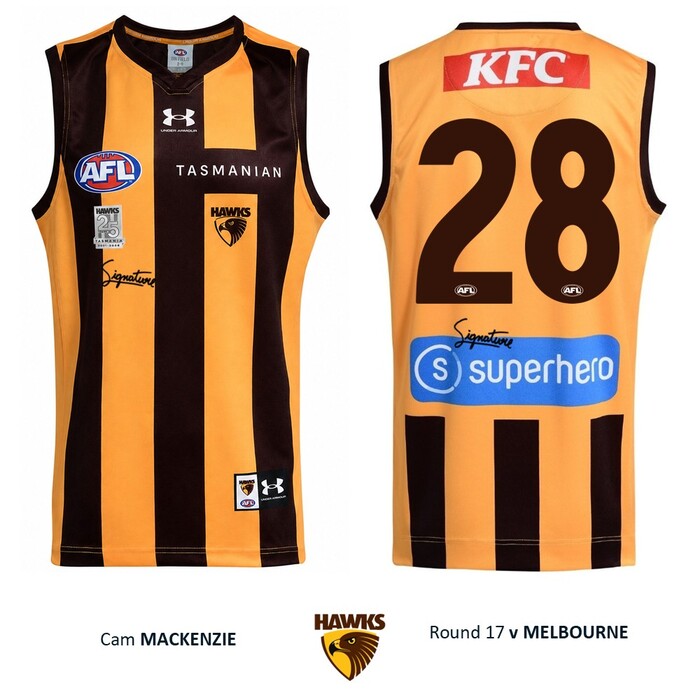 Photo of Cam Mackenzie #28 Hawthorn 2026 '25 Years in Tasmania' Match-Worn Guernsey