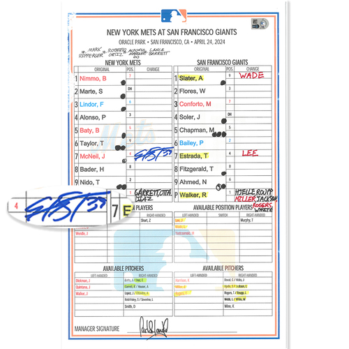 Photo of Edwin Díaz - Autographed Game-Used Dugout Lineup Card - Francisco Lindor Hits 3rd & 4th Home Run of the Season; Edwin Díaz 1 IP, 0 ER - Mets vs. Giants - 4/24/24