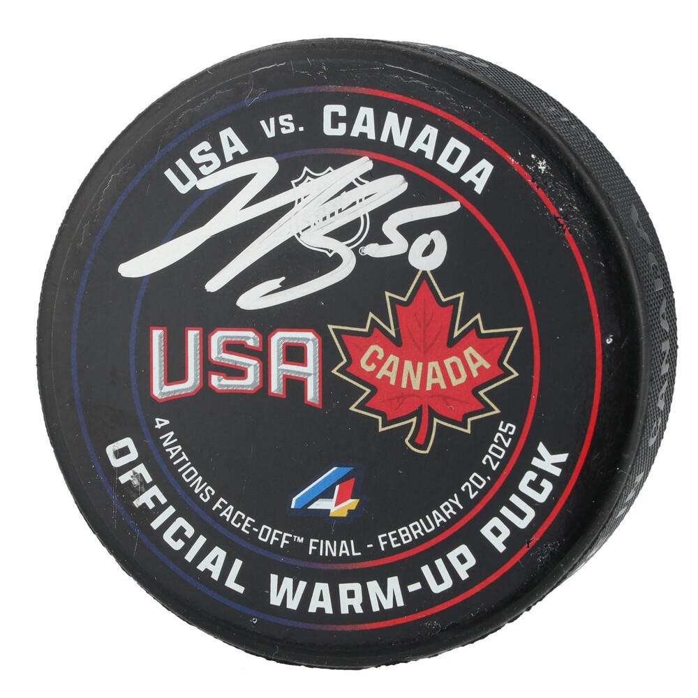 Jordan Binnington Team Canada Autographed Practice-Used Warm-Up Puck vs. Team USA on February 20, 2025 - 4 Nations Championship