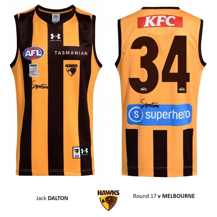 Photo of Jack Dalton #34 Hawthorn 2026 '25 Years in Tasmania' Match-Worn Guernsey
