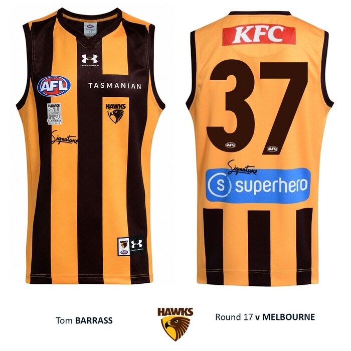Tom Barrass #37 Hawthorn 2026 '25 Years in Tasmania' Match-Worn Guernsey