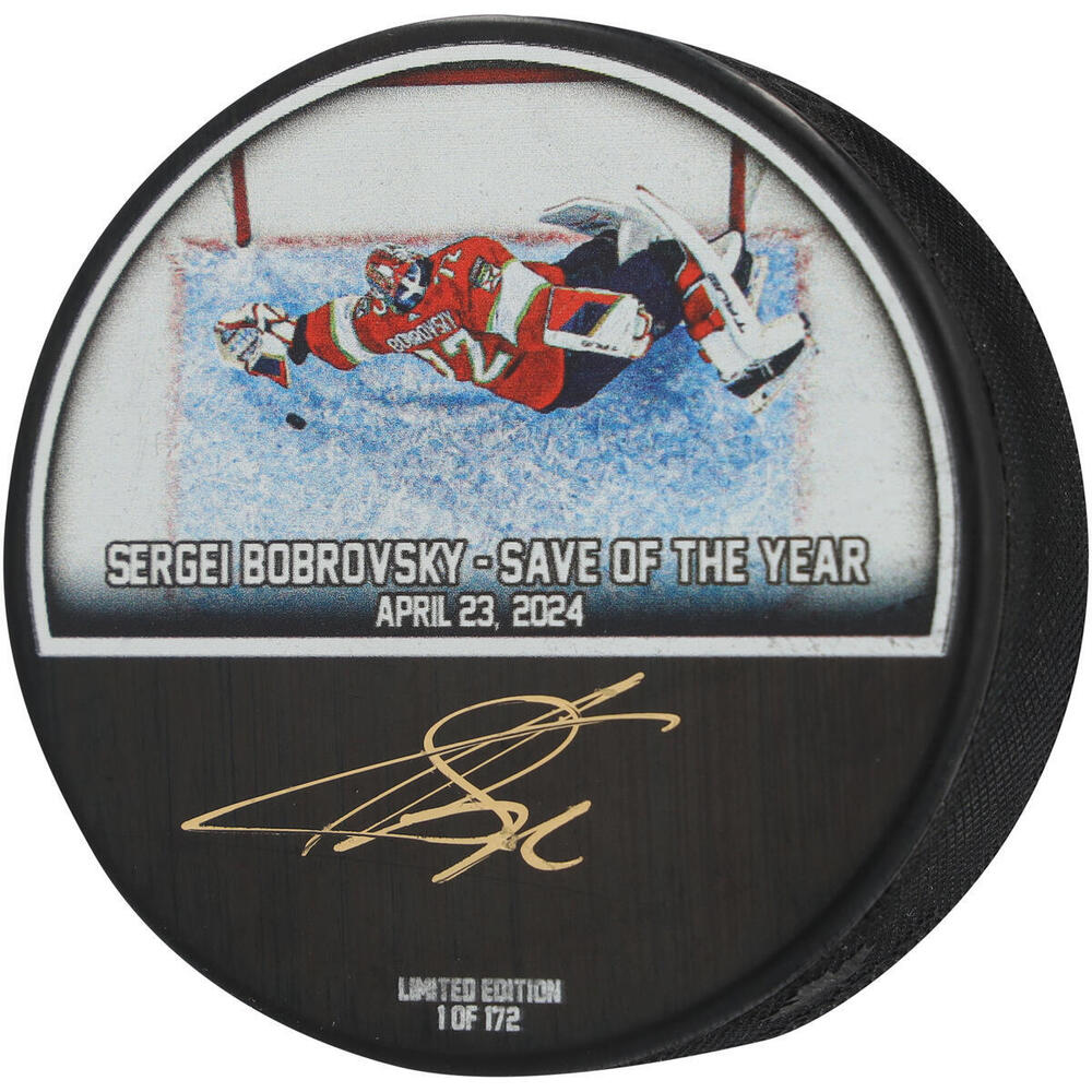 Sergei Bobrovsky Florida Panthers Autographed 2024 Stanley Cup Playoff Diving Save Hockey Puck - Limited Edition #1 of 172 - Signed in Gold 