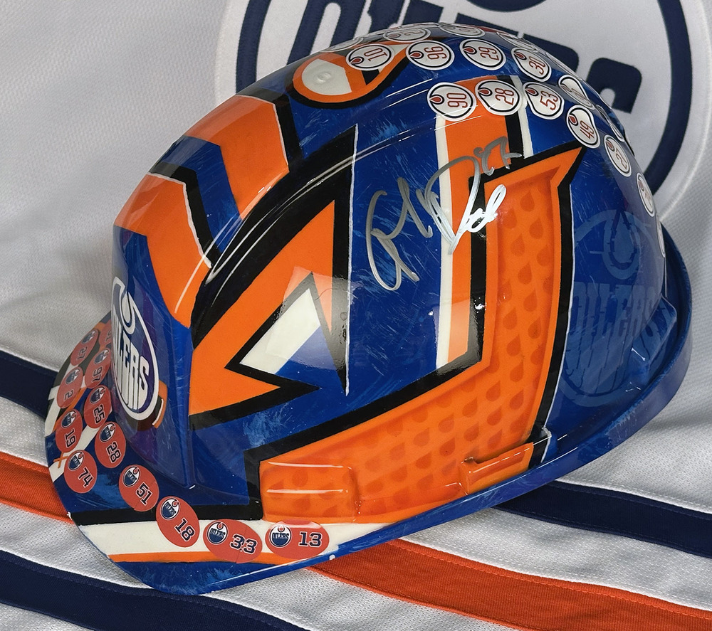 2024-25 Edmonton Oilers Player Of The Game Hard Hat Awarded And Worn For Home Games - Autographed By Connor McDavid & Leon Draisaitl! 