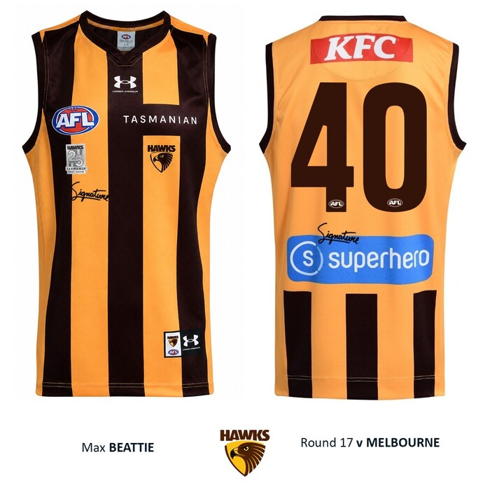 Photo of Flynn Perez #39 Hawthorn 2026 '25 Years in Tasmania' Match-Worn Guernsey