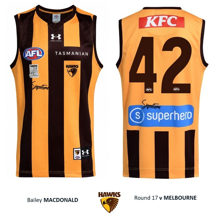 Photo of Bailey Macdonald #42 Hawthorn 2026 '25 Years in Tasmania' Match-Worn Guernsey
