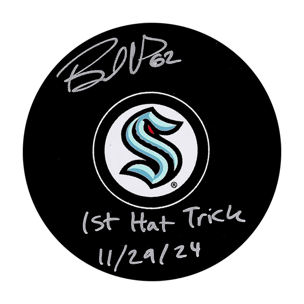 Brandon Montour Autographed Seattle Kraken Puck w/1ST HAT TRICK Inscription