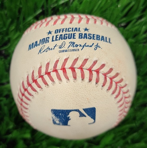 Photo of Authenticated Game Used Baseball: Double by Vladimir Guerrero Jr. against Nick Vincent. Also used for Marcus Semien Strikeout. (Sep 19, 2021 vs MIN). Bottom 2.
