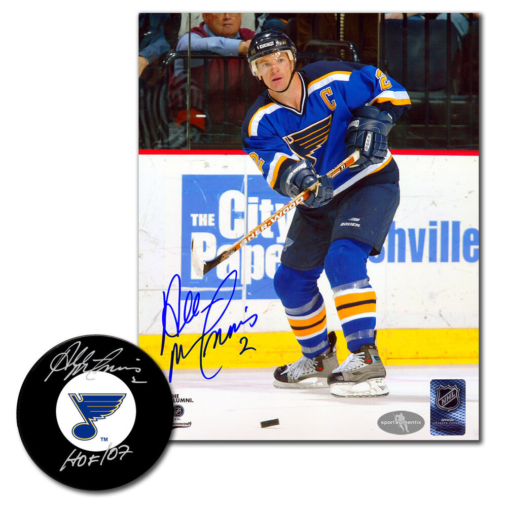 Al MacInnis Autographed St. Louis Blues Hockey Puck & 8x10 Photo Combo