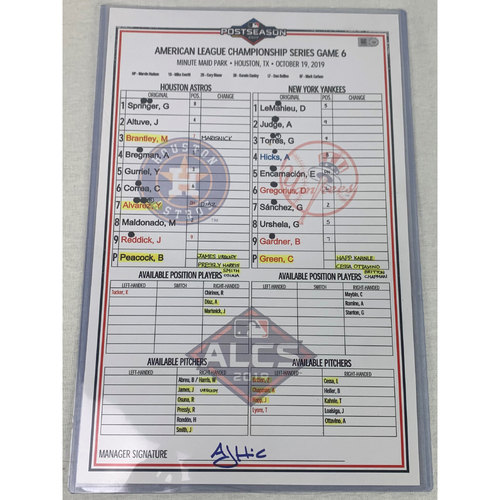 2019 ALCS Game 6 Game-Used Lineup Card- New York Yankees at Houston Astros