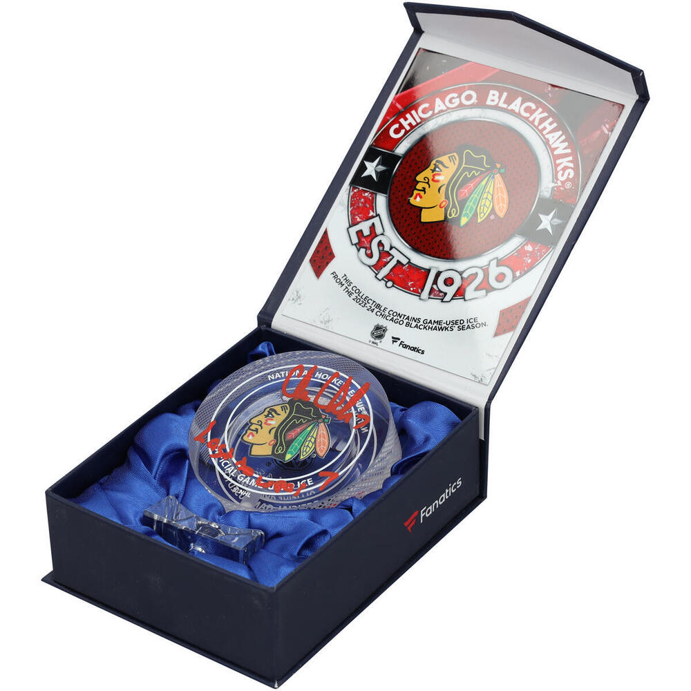 Chris Chelios Chicago Blackhawks Autographed Crystal Puck - Filled with Game-Used Ice from the 2023-24 Season with 