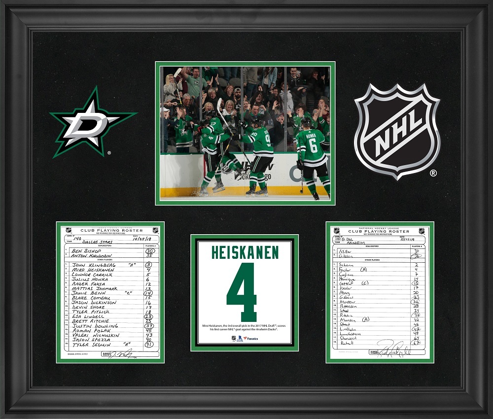 Dallas Stars Framed Original Line-Up Cards from October 25, 2018 vs. Anaheim Ducks - Miro Heiskanen First NHL Goal