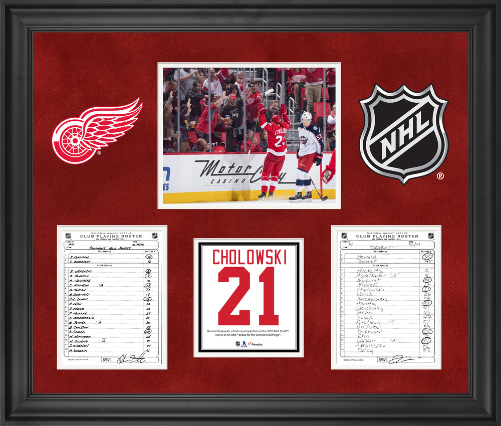 Detroit Red Wings Framed Original Line-Up Cards from October 4, 2018 vs. Columbus Blue Jackets - Dennis Cholowski NHL Debut & First NHL Goal