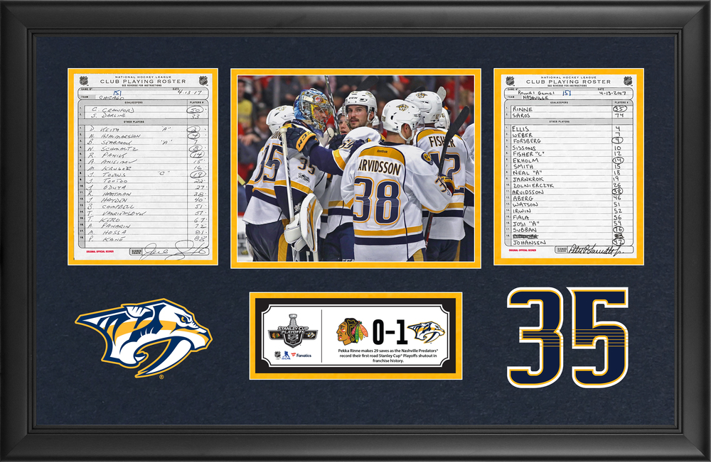 Nashville Predators Framed Original Line-Up Cards From April 13, 2017 vs. Chicago Blackhawks - Pekka Rinne Makes 29 Saves in First Road Playoff Shutout in Franchise History