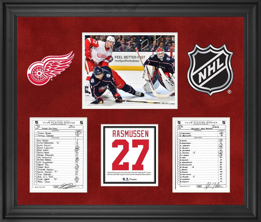 Detroit Red Wings Framed Original Line-Up Cards from October 30, 2018 vs. Columbus Blue Jackets - Michael Rasmussen First NHL Goal