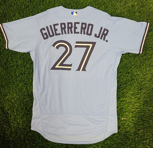 Photo of Authenticated Game Used Jersey: #27 Vladimir Guerrero Jr. (May 18, 2021: 3-for-5 with 1 Double and 1 Run). Size 48.