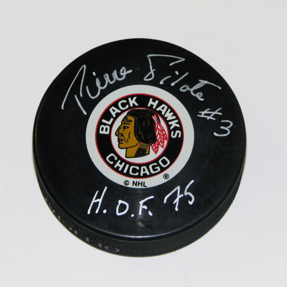 PIERRE PILOTE Signed Chicago Blackhawks Puck - HOF Inscription