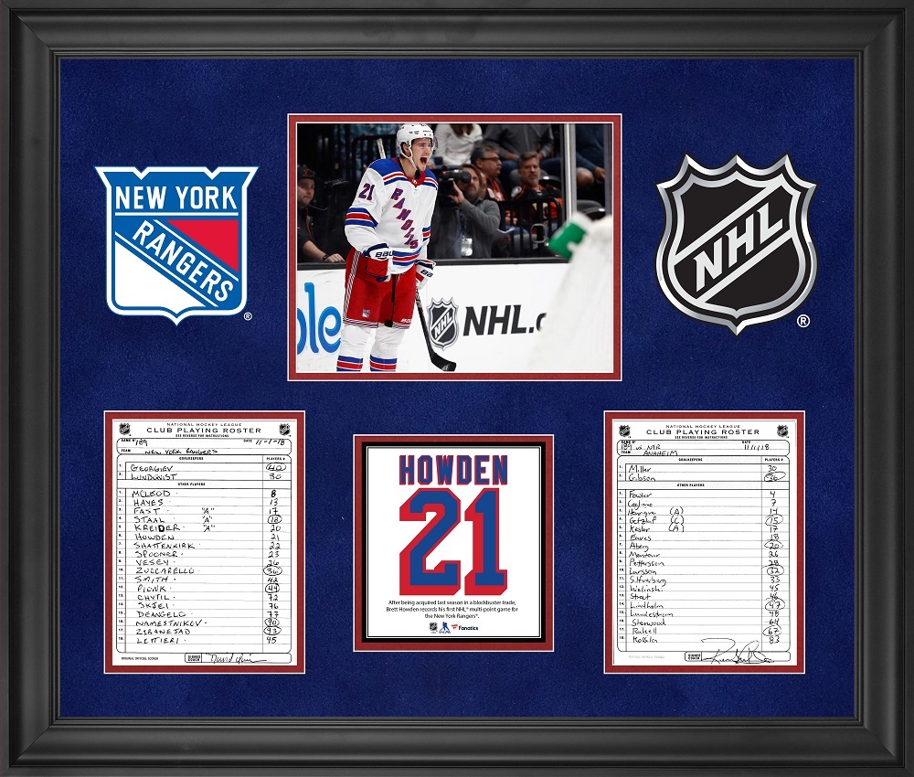 New York Rangers Framed Original Line-Up Cards from November 1, 2018 vs. Anaheim Ducks - Brett Howden First NHL Multi-Point Game