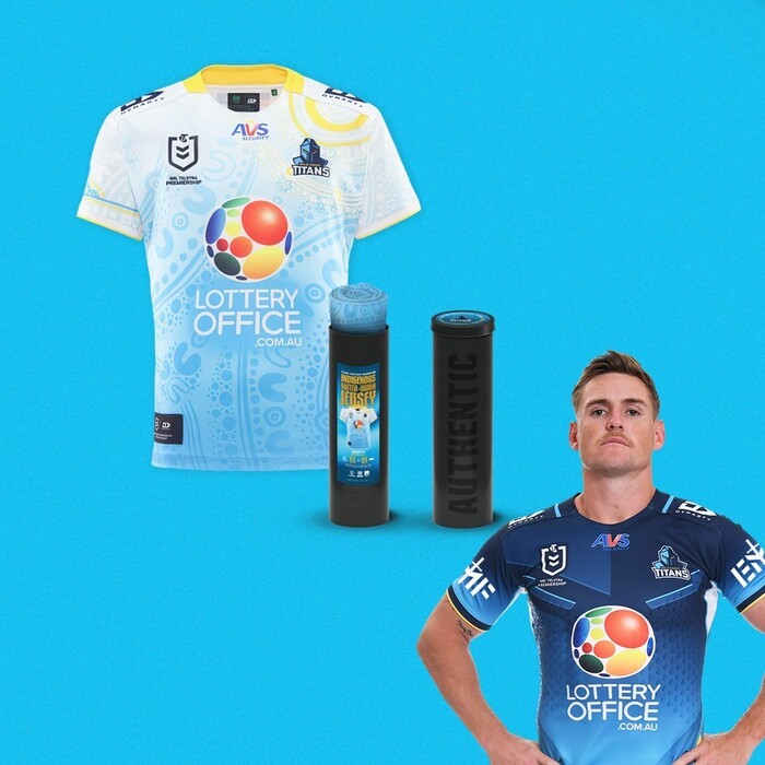 Photo of AJ Brimson #1 2025 Gold Coast Titans Indigenous Jersey + Boomerang