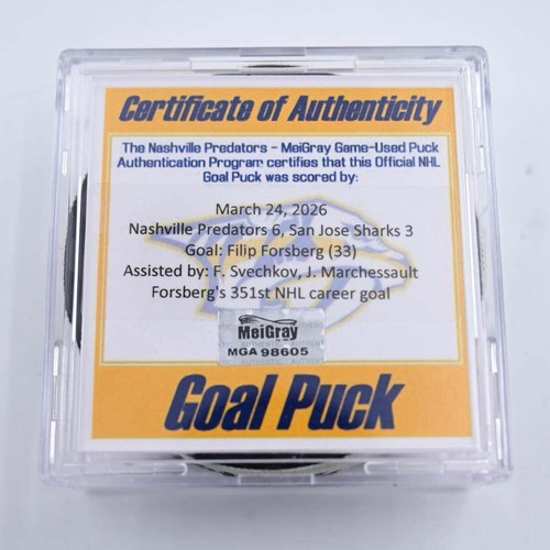 Image of Forsberg, Filip - Nashville Predators - March 24, 2026 vs. San Jose Sharks (Predators Logo)
