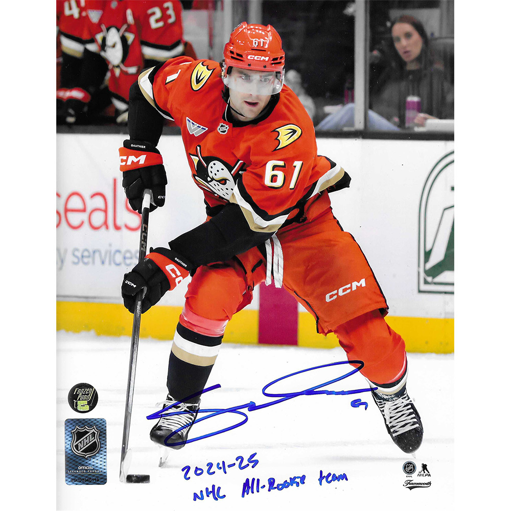 Cutter Gauthier Autographed Anaheim Ducks 8X10 Photo w/2024-25 NHL ALL-ROOKIE TEAM Inscription