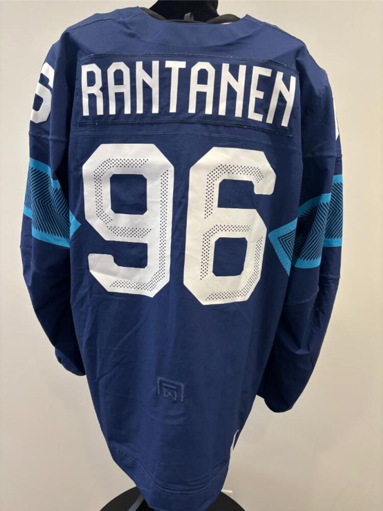 Mikko Rantanen Finland Game-Used Blue Jersey worn v. Sweden on February 13, 2026, as a part of the 2026 Milano Cortina Winter Games.