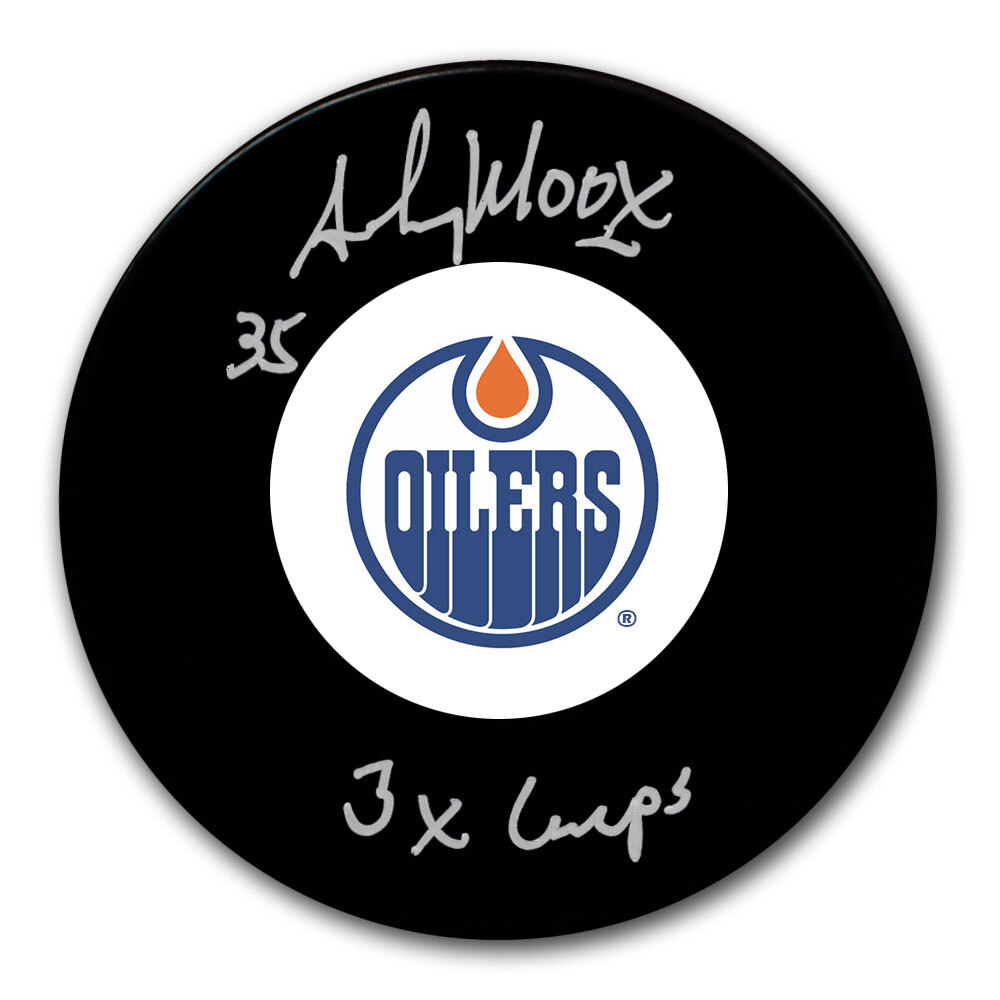 Andy Moog Autographed Edmonton Oilers Hockey Puck - Stanley Cup Inscription
