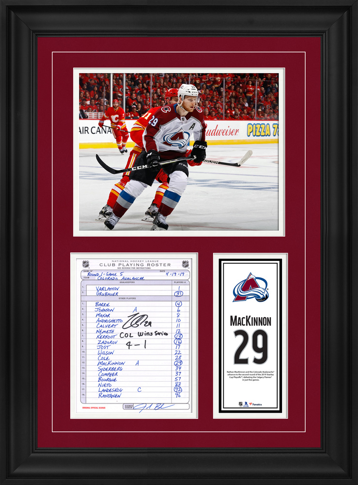 Nathan MacKinnon Colorada Avalanche Framed Autographed Original Line-Up Card from April 19, 2019 vs. Calgary Flames with