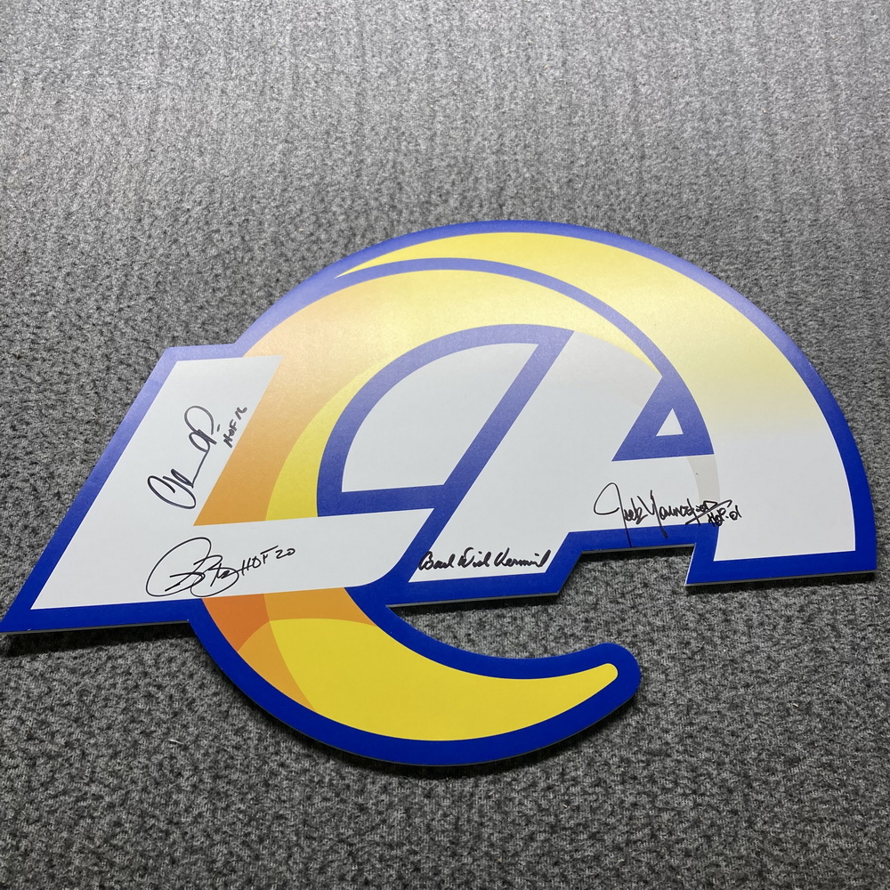 HOF - Rams Fat Head Foam Core Cut Out Signed by Issac Bruce, Dick Vermeil, Orlando Pace and Jack Youngblood (Edges May Be Slightly Bent)