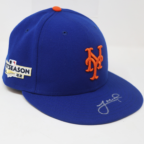 Photo of Jeff McNeil - Autographed Game-Used Blue Hat - 2022 Postseason - NL Wild Card Game 2 - Mets vs. Padres - 10/8/22