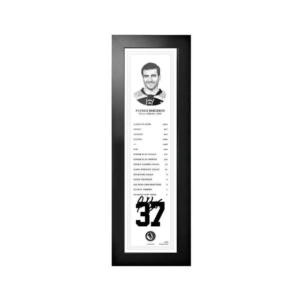 Patrice Bergeron Autographed Legends Line Honoured Member Stat Frame - Limited Edition 1/3