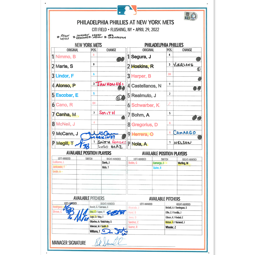 Replica Lineup Card Mets Combined No-Hitter - Autographed Replica Dugout Lineup Card ...