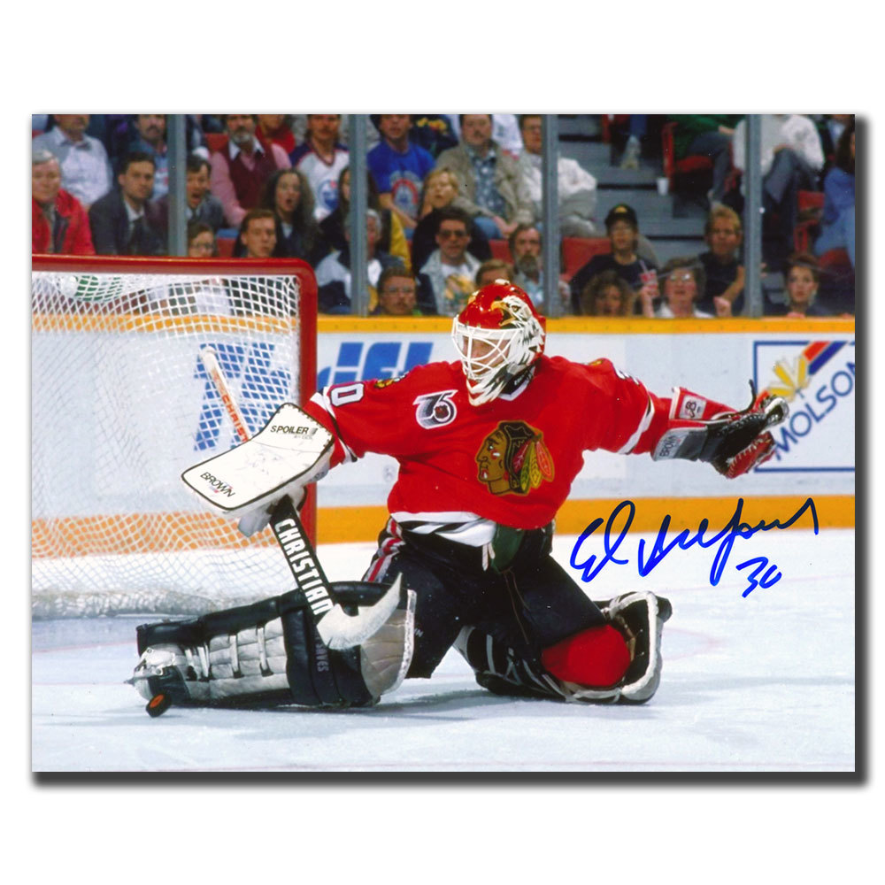 Ed Belfour Chicago Blackhawks Kick Save Autographed 8x10