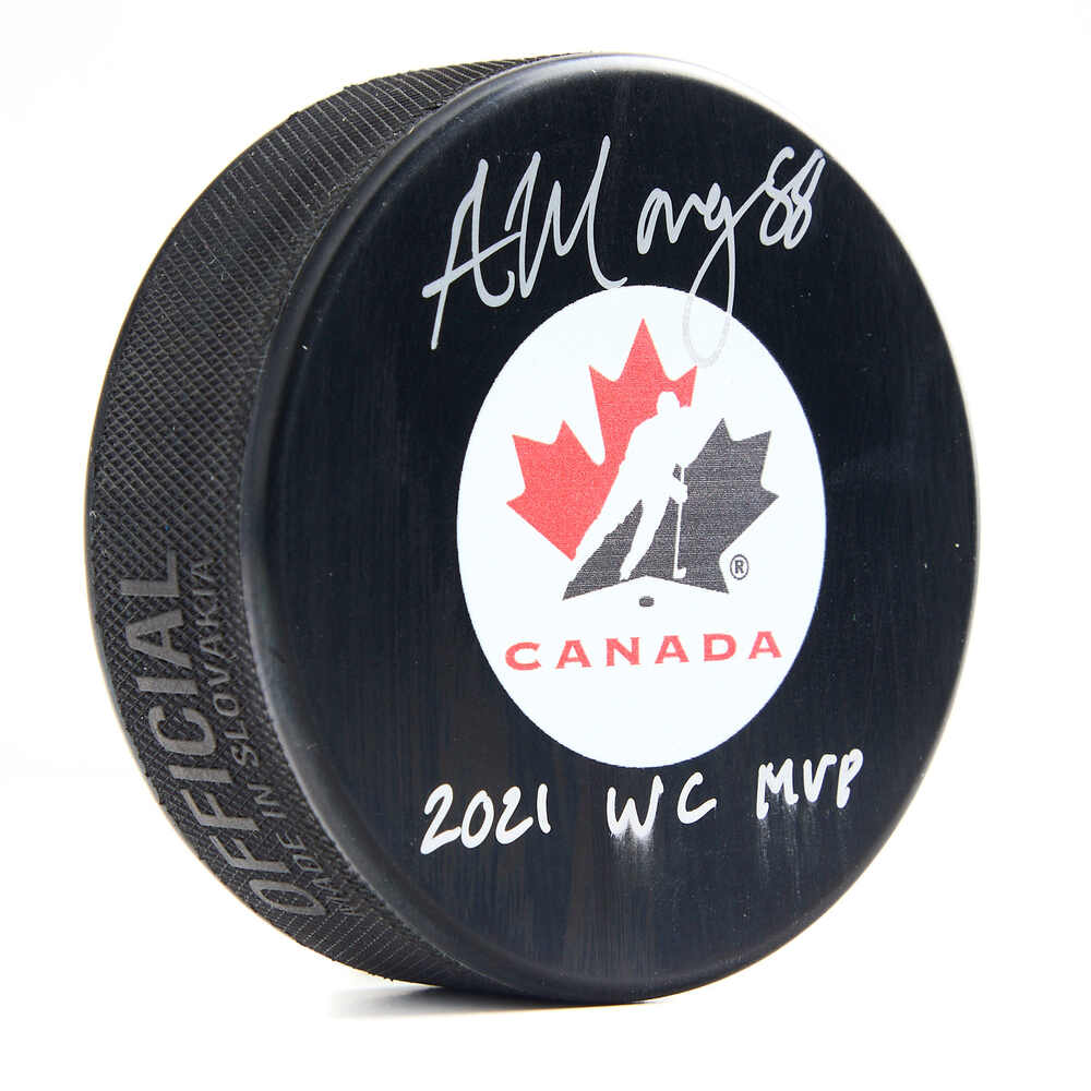 Andrew Mangiapane Signed Team Canada Hockey Puck with 2021 WC MVP Note