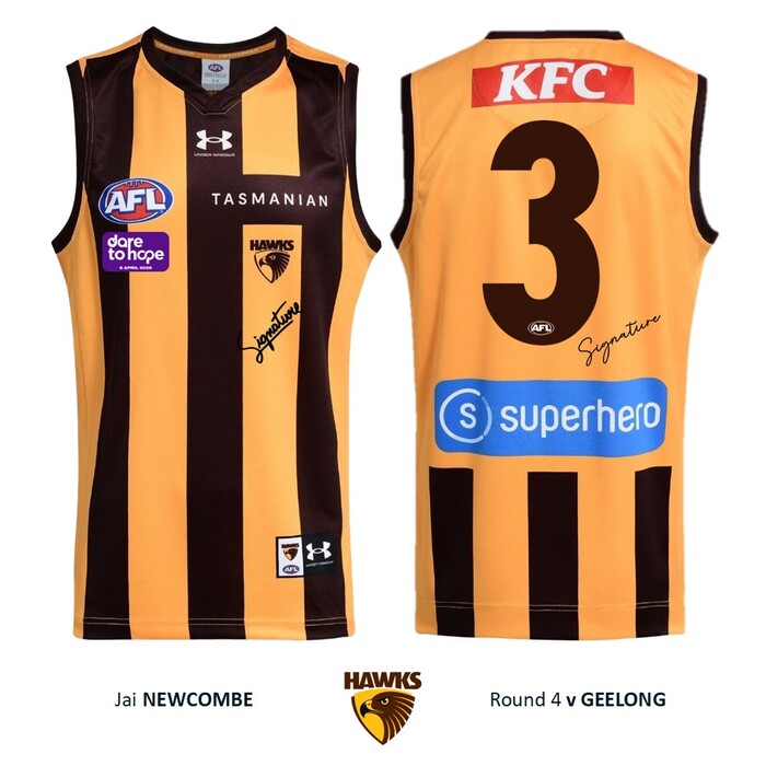 Photo of Jai Newcombe #3 Hawthorn 2026 Dare to Hope Guernsey