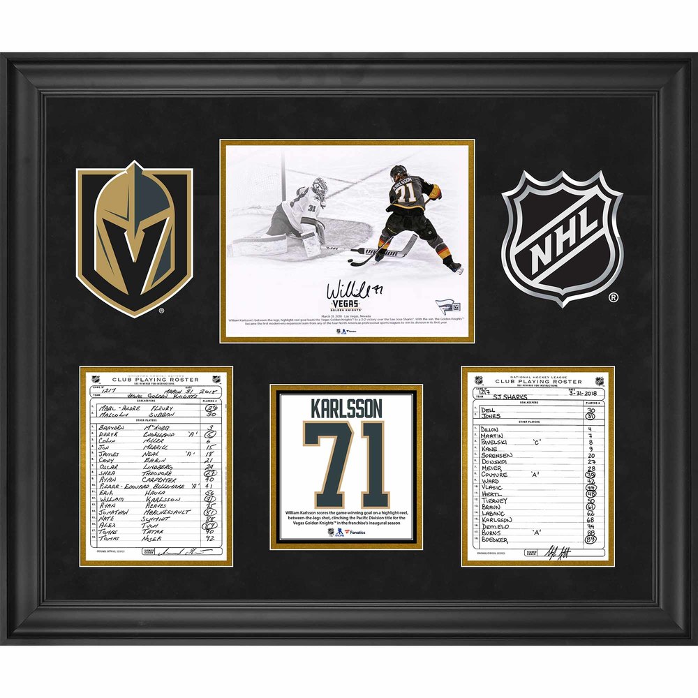 Vegas Golden Knights Framed Original Line-Up Cards from March 31, 2018 vs. San Jose Sharks with Autographed William Karlsson 8