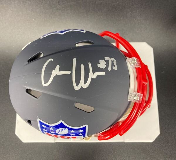 NFL - Patriots Caedan Wallace Signed Blue Shield Mini Helmet
